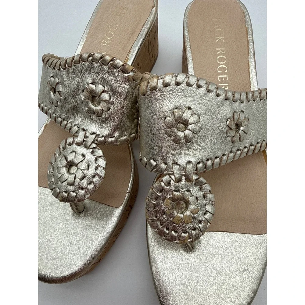 Jack Rogers Jacks Mid Wedge Sandals Platinum Gold Metallic Cork Heel Womens 7M